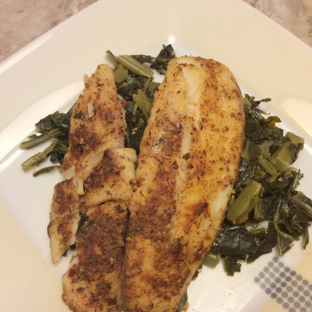 Cajun Fish and Rosemary Collard Greens