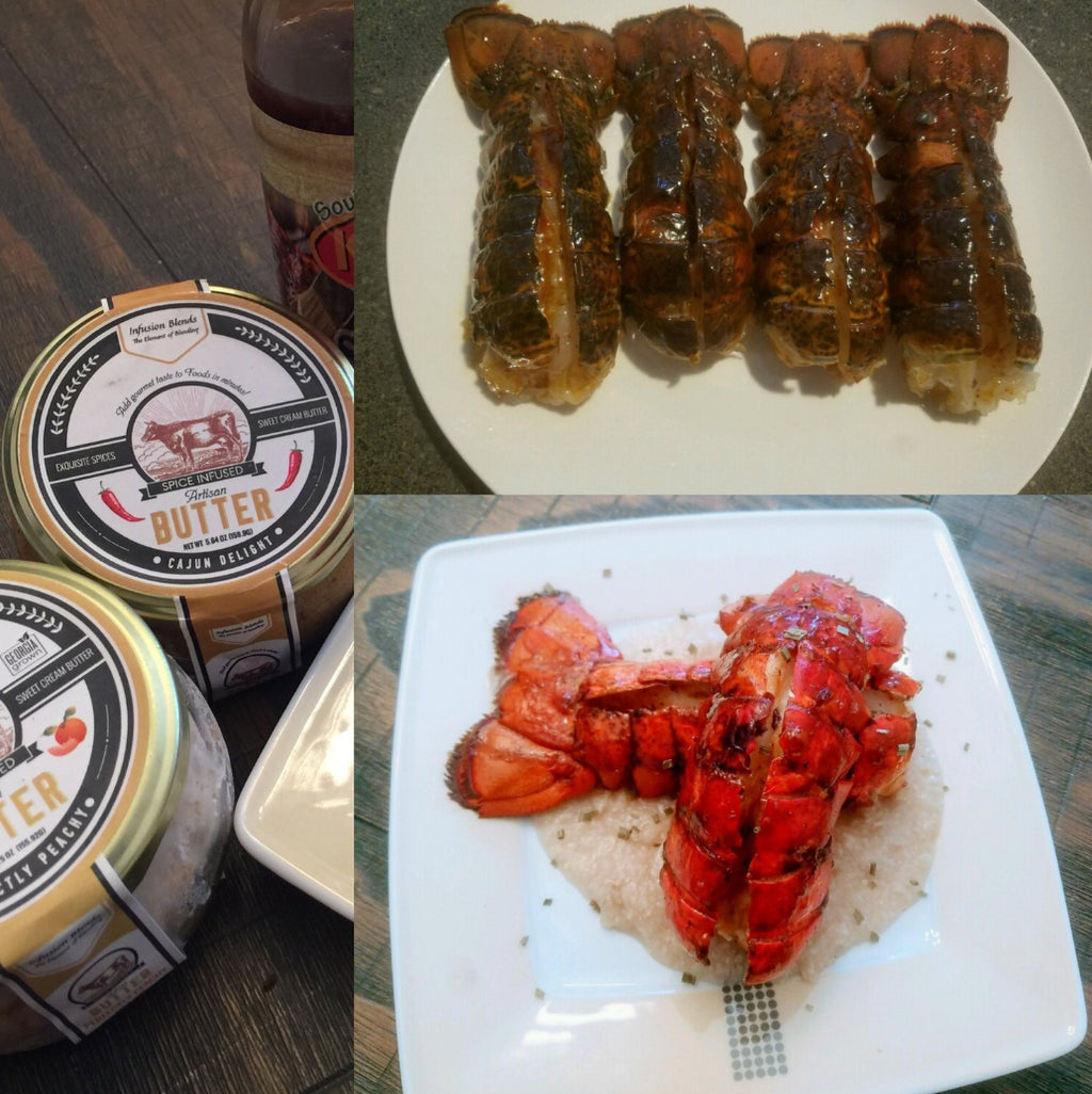 Grilled BBQ Cajun Lobster Tails with Peach Butter Grits