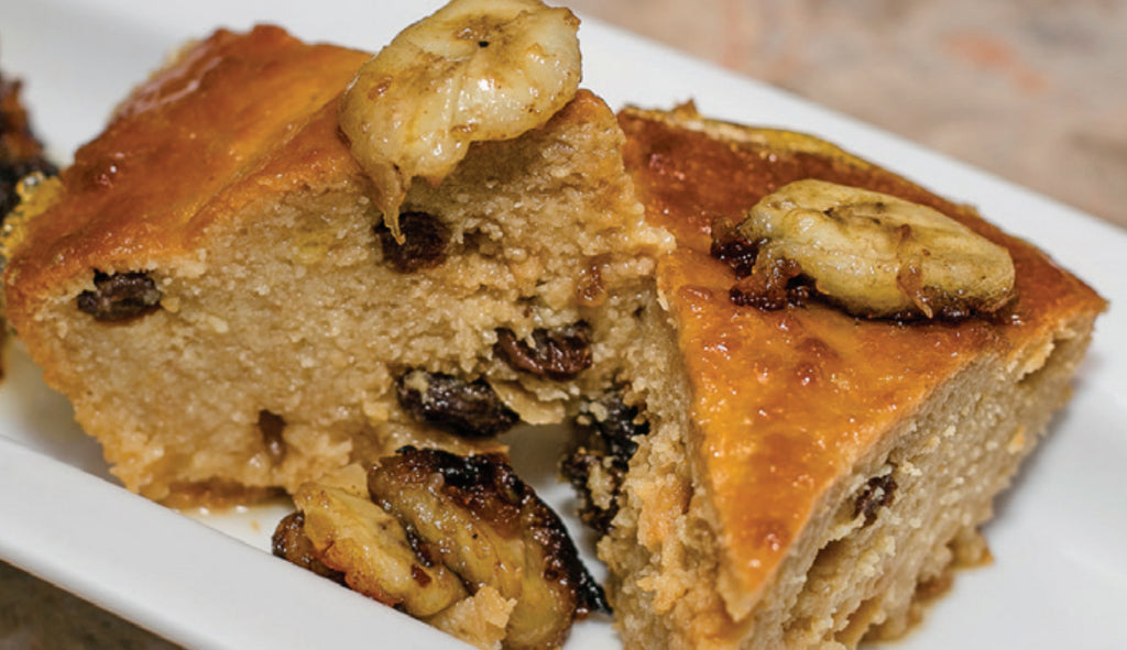 Bread Pudding with Banana in Whiskey Peach Sauce