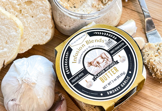 3 flavor-infused gourmet butter collection featuring garlic, Cajun, and honey butter by Infusion Blends