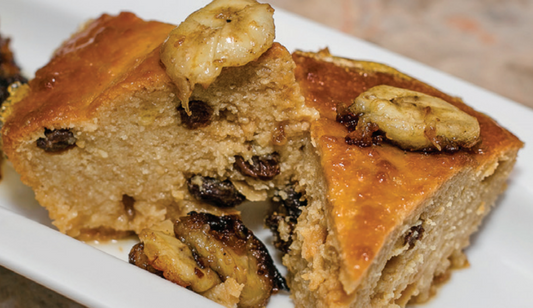 Bread Pudding with Banana in Whiskey Peach Sauce