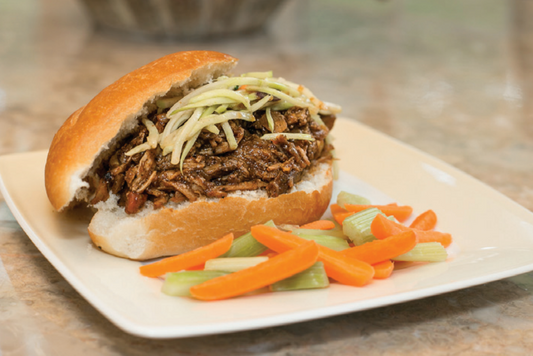 Rosemary Pulled Pork with Peach Butter Broccoli Slaw Sandwich