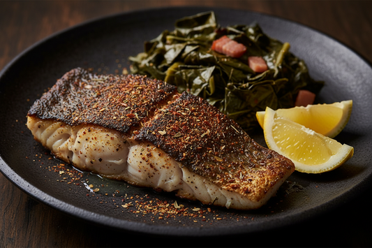 Cajun Fish and Rosemary Collard Greens