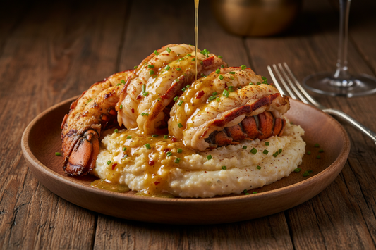 Grilled BBQ Cajun Lobster Tails with Peach Butter Grits