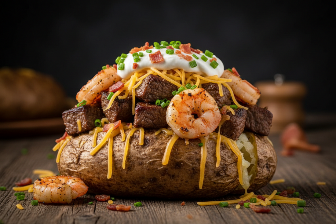 Steak, Shrimp & Mushroom Loaded Baked Potatoes