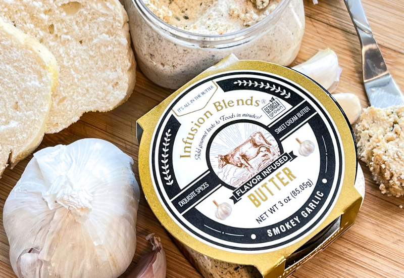 3 flavor-infused gourmet butter collection featuring garlic, Cajun, and honey butter by Infusion Blends